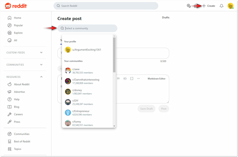 コミュニティまたはサブレディットを選択