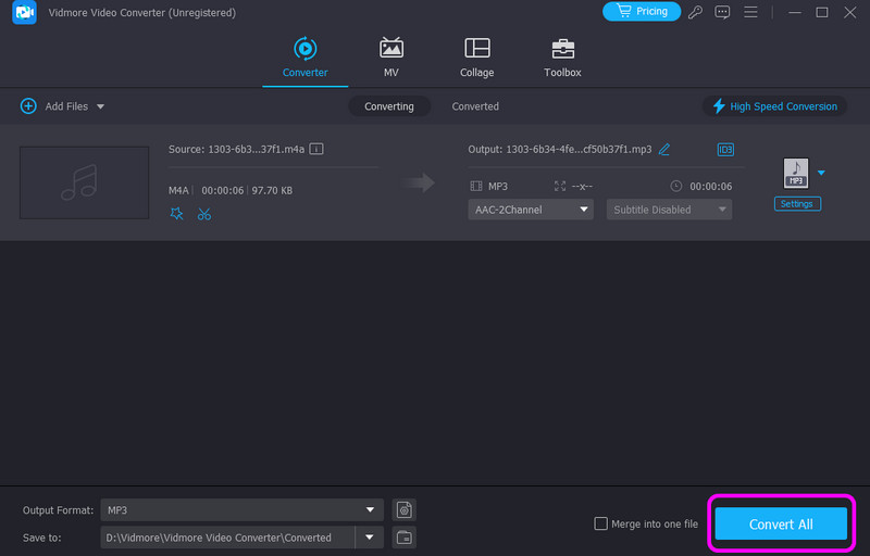 「すべて変換」で変換し、音声を保存（Vidmore）