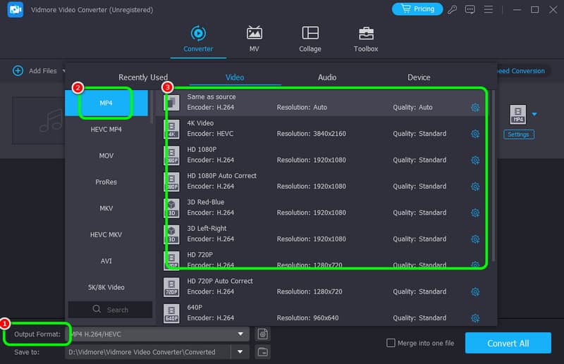 Output Formats で Mp4 を選択 Vidmore