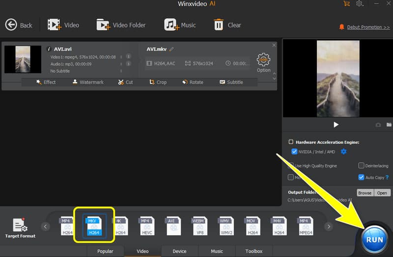 ターゲット形式を選択して［RUN］をクリック – WinXvideo