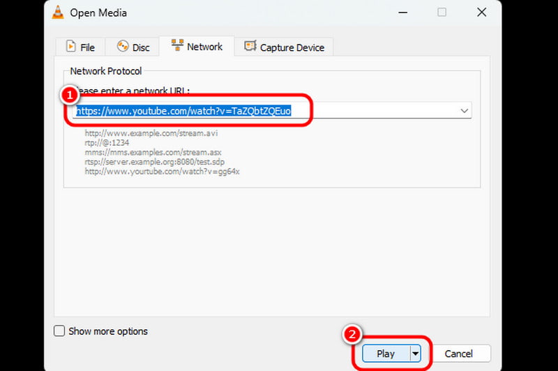 VLC で「再生」を押しリンクを貼り付ける
