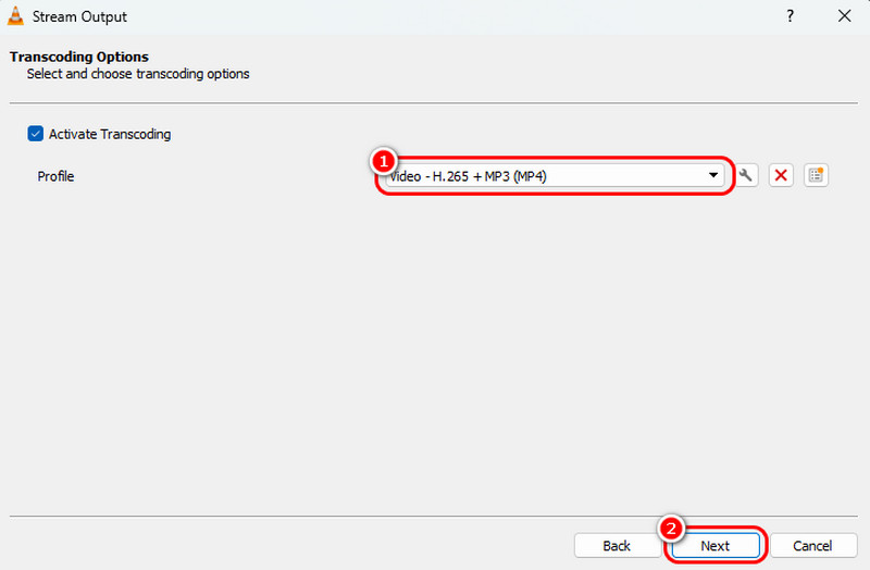 プロファイルで形式を選択 VLC