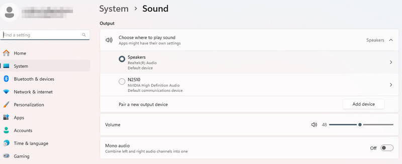 デバイスのサウンド設定を確認