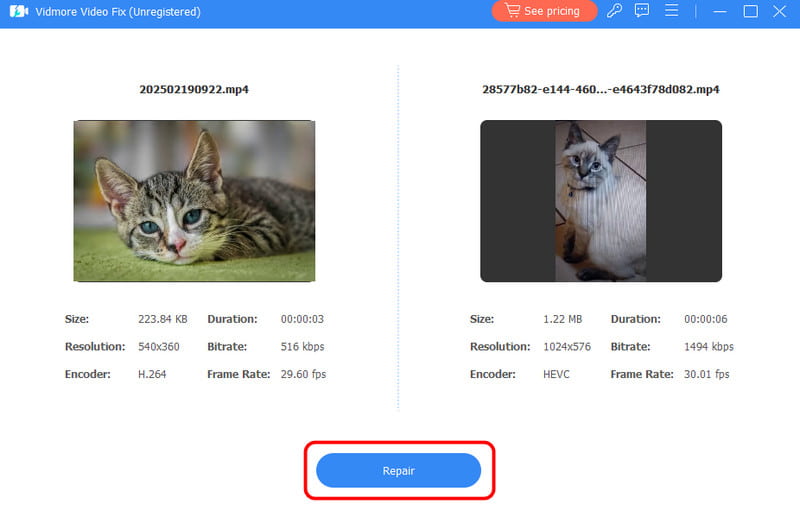 Vidmoreの「修復」ボタンをクリックする