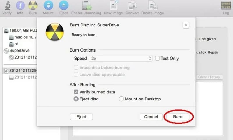 ディスクユーティリティで書き込む