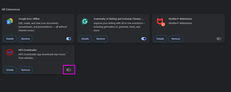 拡張機能を無効にする