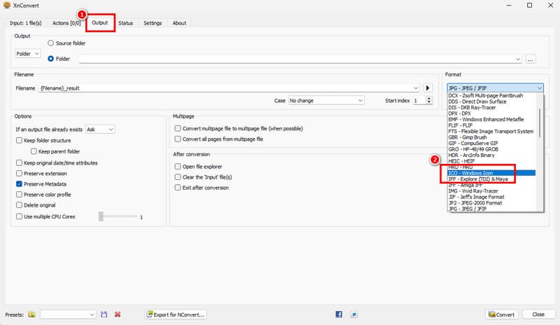 出力セクションで Ico を選択 Xnconvert
