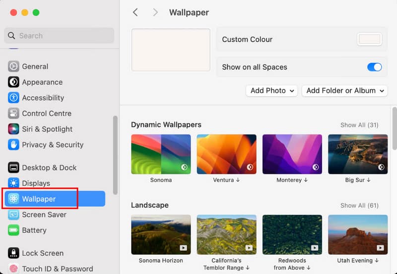 システム設定で壁紙をクリック