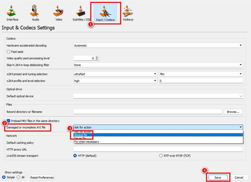 Input Codec Always Fix VLC（入力／コーデック ＞ Always Fix ／ VLC）