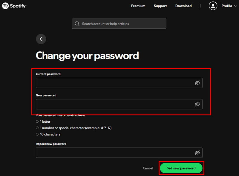 Spotify の新しいパスワードを設定