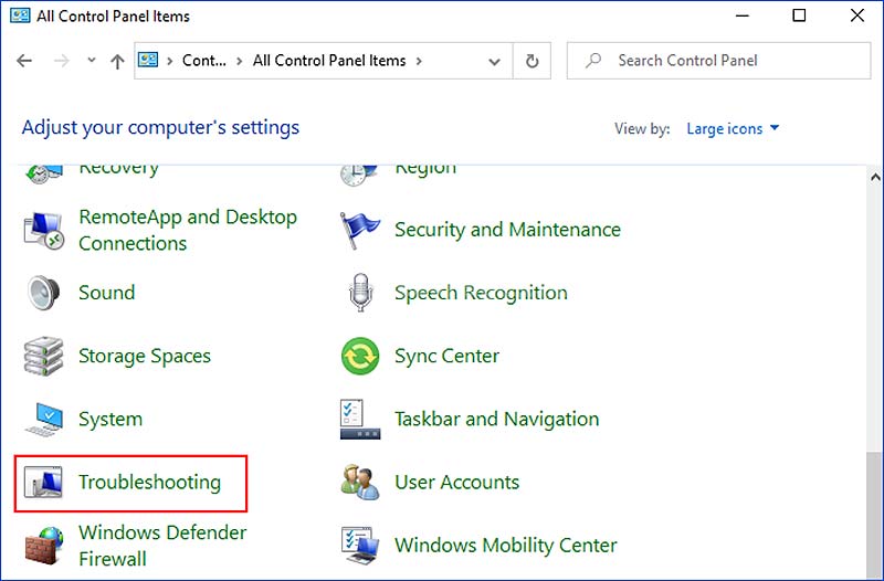 コントロール パネルのトラブルシューティング機能
